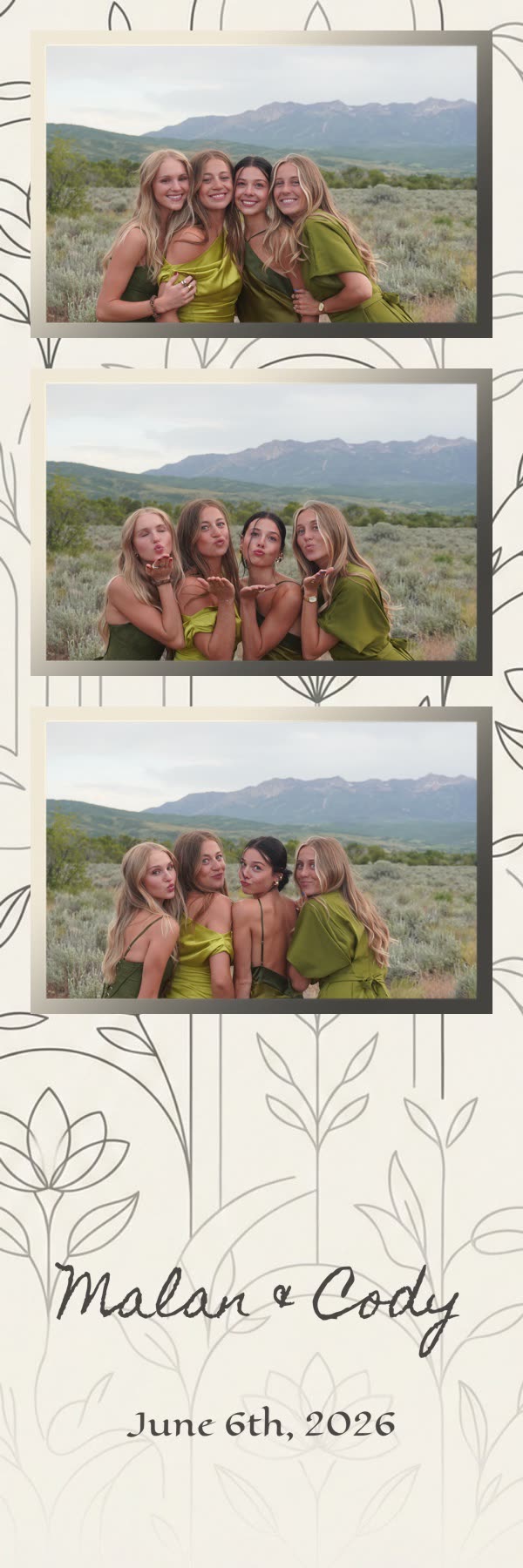 Custom 2x6 photo strip of four bridesmaids blowing kisses in front of the mountains