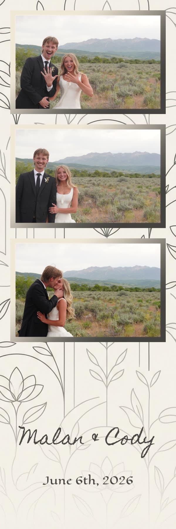 Custom 2x6 wedding photo strip with the couple's names and date over mountain photos